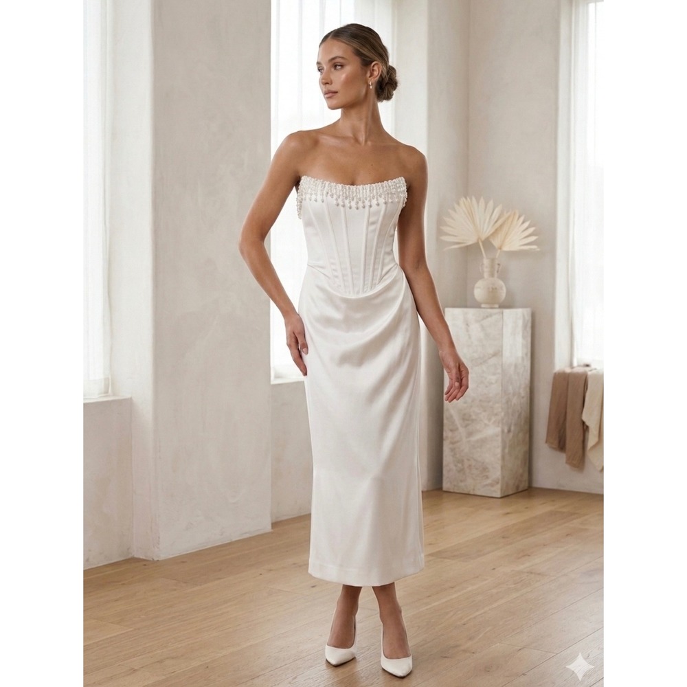 White Satin Corset Midi Dress Strapless Pearl Fringe Dress